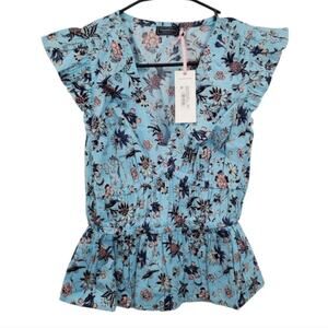 Vineyard Vines Blue Floral Ruffle Poplin Paisley Floral Cape Blouse Size Medium